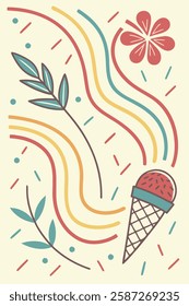 A whimsical illustration features an ice cream cone, stylized flowers, leaves, and rainbow-colored lines against a pale background.