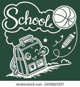 A whimsical illustration features a smiling backpack, basketball, pencil, and the word "School" against a green backdrop, evoking a cheerful back-to-school theme.