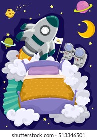 Whimsical Illustration Featuring a Bed with a Rocket Ship and a Pair of Astronauts Above It