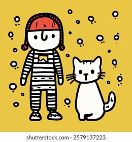 A whimsical illustration featuring a cartoonish character wearing a striped outfit and a red beanie, standing next to a simple, stylized white cat. 