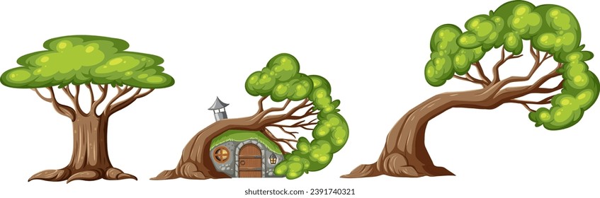 A whimsical illustration featuring a collection of trees and a charming hobbit tree house