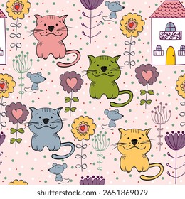 A whimsical illustration featuring colorful cats, mice, flowers,