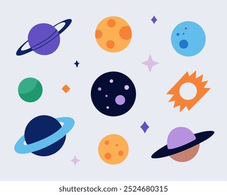 A whimsical illustration featuring colorful planets, stars, and a sun. Perfect for adding a touch of cosmic charm to your projects, this graphic is ideal for children's books, space-themed designs.