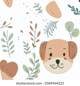 A whimsical illustration featuring a cute dog's face surrounded by various leaves and abstract shapes. 