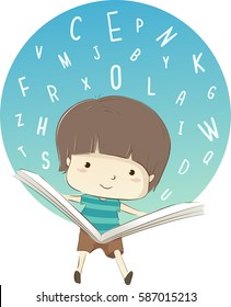 Whimsical Illustration Featuring a Cute Little Boy Reading a Book Surrounded by Random Letters