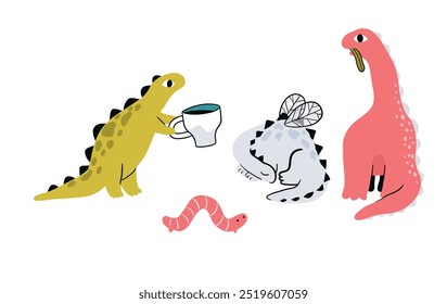 Whimsical illustration featuring dinosaurs drinking coffee and tea. A playful, charming scene perfect for nature-inspired and creative design project