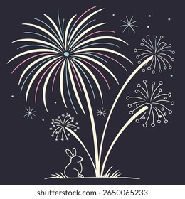 A whimsical illustration featuring fireworks, a rabbit, and stars against a dark background, evoking a festive or celebratory mood.