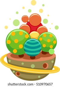 Whimsical Illustration Featuring a Floating Island Decorated with Colorful Circles