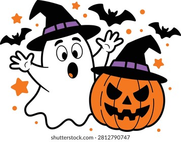 Whimsical illustration featuring a friendly ghost with wide eyes and a smiling jack o lantern, perfect for spooky season designs and decorations.