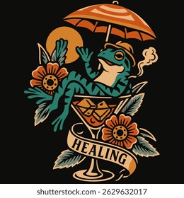 A whimsical illustration featuring a frog relaxing in a cocktail glass with the sun and a healing banner making it perfect for positive vibes.