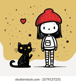 A whimsical illustration featuring a girl wearing a red beanie and a striped outfit standing next to a black cat.