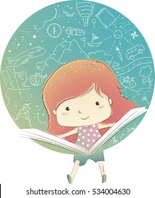 Whimsical Illustration Featuring a Little Girl Reading a Book with Travel Related Doodles as the Background