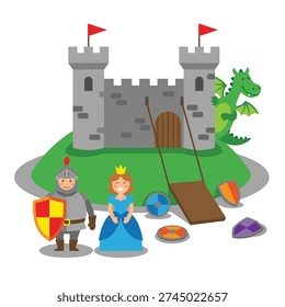 A whimsical illustration featuring a medieval castle, a brave knight, a royal princess, and a friendly dragon, set in a playful landscape with colorful elements.