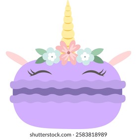 Whimsical illustration featuring a purple macaron as a unicorn, adorned with a golden horn, pastel flower crown, small ears, and a sweetly winking eye