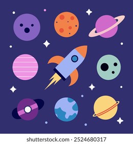 A whimsical illustration featuring a rocket soaring through space, surrounded by planets, moons, and stars. Perfect for adding a fun, playful touch to your designs, ideal for kids' products.