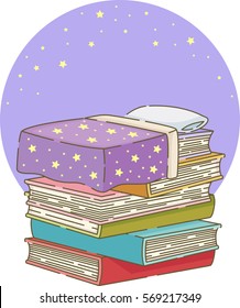 Whimsical Illustration mit einem Stapel von Storybooks, die wie Betten geformt sind