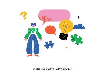 A whimsical illustration featuring a stylized human figure, speech bubbles, a light bulb and puzzle pieces, and a question mark. A metaphor for finding solutions and solving problems.