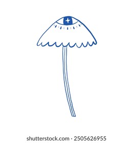 A whimsical illustration featuring a surreal eye within a mushroom silhouette drawn in blue ink. Perfect for creative and fantasy-themed projects, conveying mystery and imagination