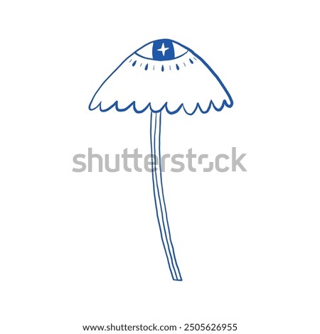 A whimsical illustration featuring a surreal eye within a mushroom silhouette drawn in blue ink. Perfect for creative and fantasy-themed projects, conveying mystery and imagination