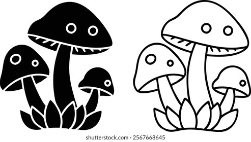 A whimsical illustration featuring three cartoon mushrooms, one large and two smaller, in both black and white line art styles. Theyre rooted in stylized leaf clusters.