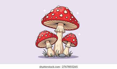 A whimsical illustration featuring three iconic red and white spotted mushrooms, commonly known as fly agaric, growing from the forest floor.