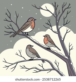 A whimsical illustration featuring three robins perched on a snow-covered tree branch against a backdrop of a wintery night sky.