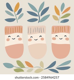 A whimsical illustration featuring three smiling plant pots adorned with leaves. Each pot has a unique design and color palette, creating a cheerful and inviting atmosphere