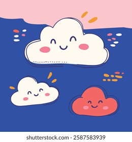 A whimsical illustration featuring three smiling clouds against a vibrant blue background.