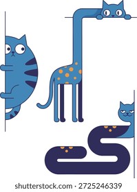 Una ilustración caprichosa que presenta tres gatos azules estilizados con Formas y expresiones únicas, asomándose desde detrás de los bordes blancos.
