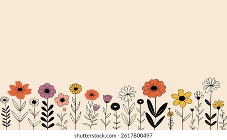 A whimsical illustration featuring a variety of colorful flowers and foliage arranged as a border against a light background.
