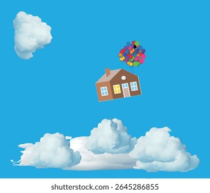 Whimsical illustration of a floating house carried by colorful balloons in a bright blue sky with fluffy white clouds, inspired by dreamlike or fantasy themes."