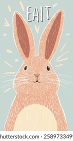 A whimsical illustration of a fluffy bunny with large ears and a friendly expression. The bunny is depicted in soft orange and cream colors, set against a light blue background.