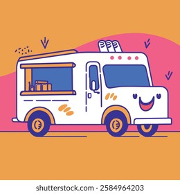 A whimsical illustration of a food truck with a smiling face, featuring cute details like bunny ears and a vibrant color palette. 