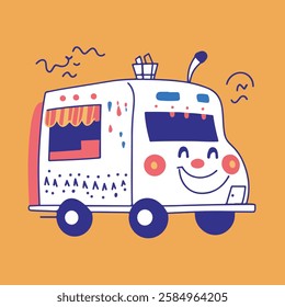 A whimsical illustration of a food truck with a smiling face, featuring cute details like bunny ears and a vibrant color palette. 