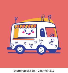 A whimsical illustration of a food truck with a smiling face, featuring cute details like bunny ears and a vibrant color palette. 