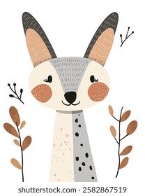 Whimsical illustration of a fox with long ears and spotted fur, surrounded by botanical accents, drawn in a playful artistic style.