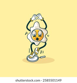 A whimsical illustration of a fried egg character with arms and legs, playfully dancing near its frying pan.