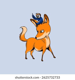 Whimsical illustration of a friendly fox with a blue bird perched on its head. Cute animal friendship concept.