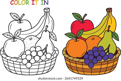 a whimsical illustration of a fruit basket, half colored and half ready to be colored in. it features apples, bananas, pears, oranges, and grapes, perfect for a fun and educational color