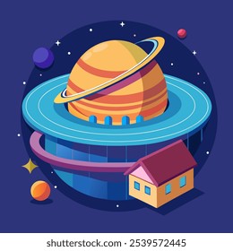 A whimsical illustration of a futuristic space station orbiting a giant planet with rings. The station features a house, a walkway, and a ring system, evoking a sense of adventure and exploration.