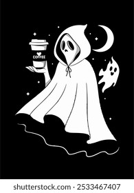 A whimsical illustration of a ghost in a flowing robe holding a cup of coffee. The ghost's eyes are wide with delight and the image is set against a starry night sky.