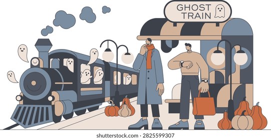 A whimsical illustration of a ghost train at a station with people waiting. Ghosts peek from the train windows, and pumpkins are scattered around the platform.