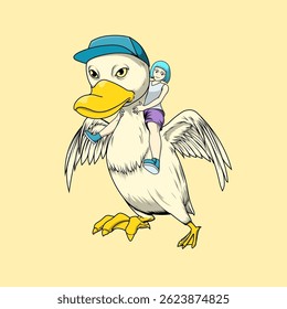 Whimsical illustration of a girl riding a giant duck.