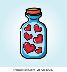 A whimsical illustration of a glass bottle filled with red hearts, symbolizing love and affection.