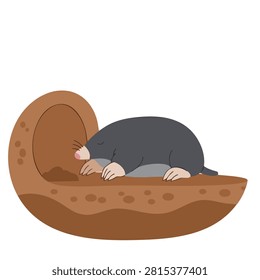 A whimsical illustration of a grey mole with pink nose and large claws digging inside a cross section of brown earth