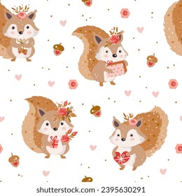 A whimsical illustration of a group of adorable cartoon squirrels with flower, each holding a brightly wrapped gift. Vector squirrels seamless pattern