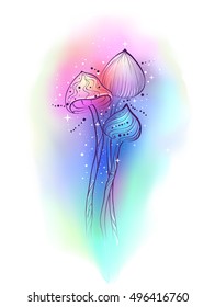 Whimsical Illustration of a Group of Colorful Mushrooms Against a Psychedelic Background