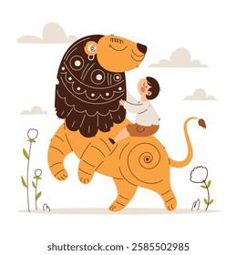 Whimsical illustration of a happy boy hugging a decorative lion in a nature setting. Playful and artistic fantasy scene with soft colors. Cute Cartoon Boy Hugging a Stylized Lion