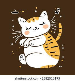 A whimsical illustration of a happy, chubby cat with orange stripes and a white belly, set against a brown background. 