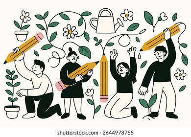 Whimsical illustration of kids gardening with giant pencils, surrounded by plants, flowers, leaves, and a watering can. A joyful blend of creativity, nature, and learning outdoors.